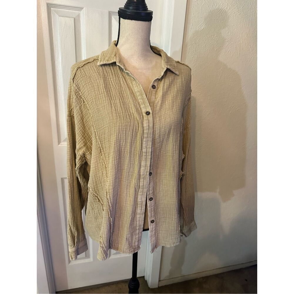 Easel Collared Cotton Long Sleeve Button Up Shirts Tan Size Small cover up - Picture 8 of 8